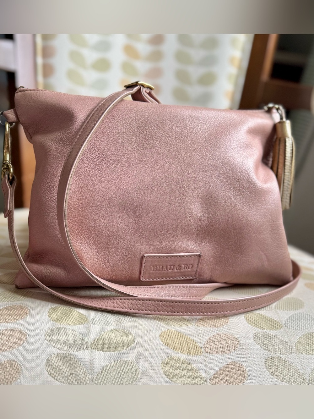Beau & Ro The Sconset Soft Blush Pink Leather Crossbody Clutch Bag Gold Tassel
